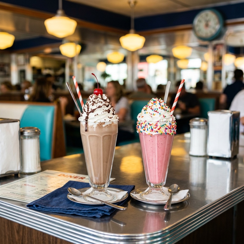 Classic milkshakes on a diner counter