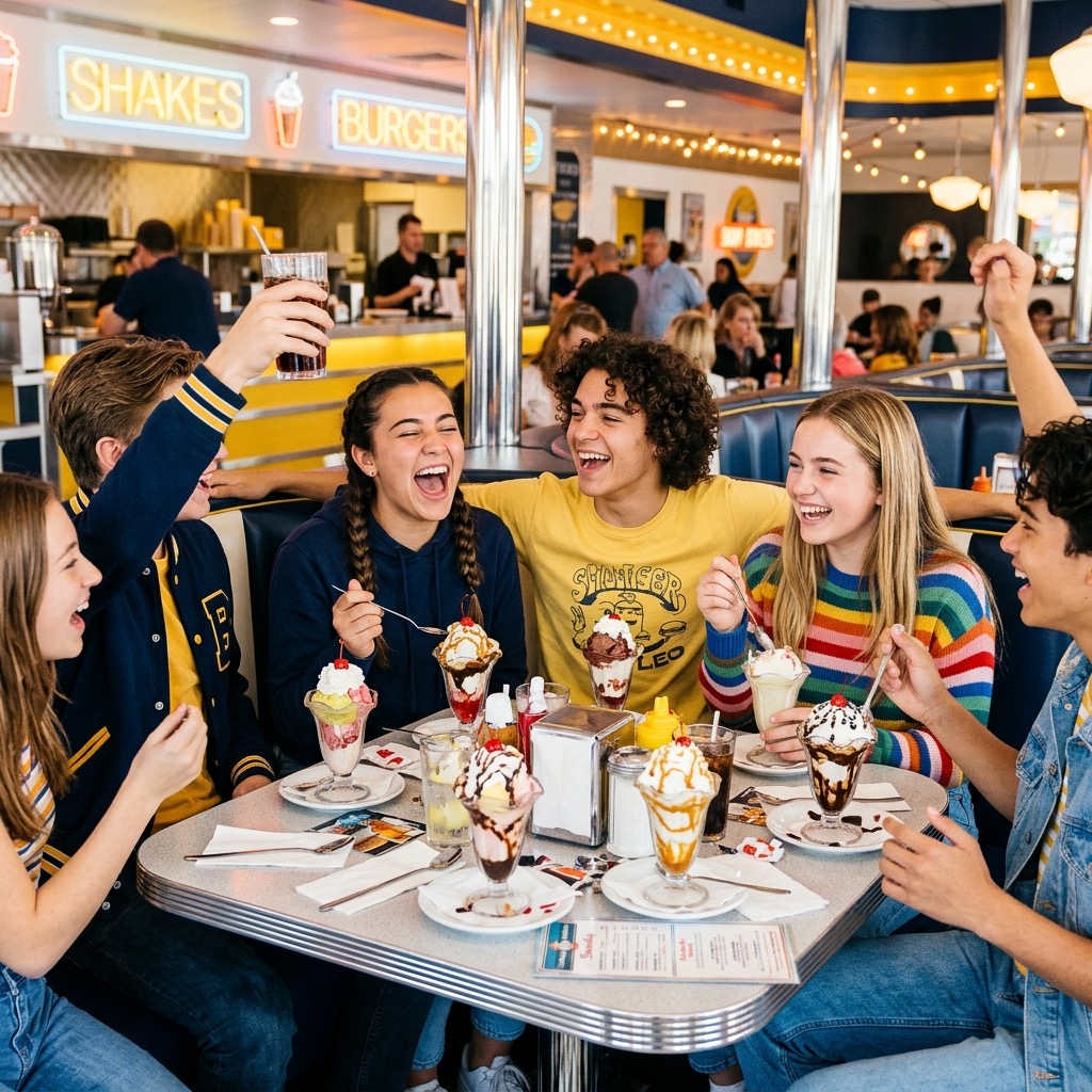 Teenagers celebrating with sundaes